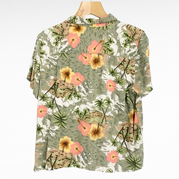 VINTAGE | White Stag Sage Moss Green Tropical Palm Hibiscus Print Hawaiian Shirt - Picture 6 of 8